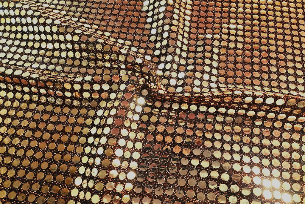 Rainbow Fabrics RS: Light Gold Sequin on Red And Black Mixture Black Fabric