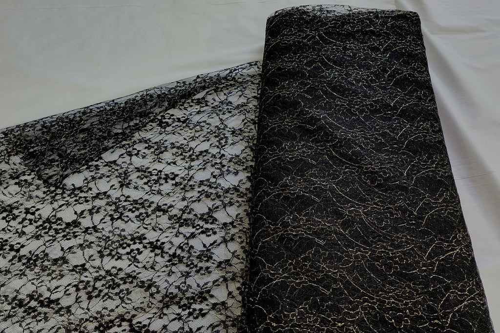 Rainbow Fabrics BT: Black And Gold Floral Bridal Tulle