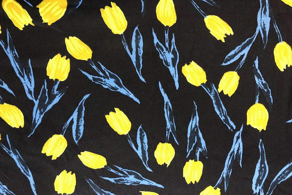 Rainbow Fabrics CS: Yellow Tulip on Black Cotton Sateen Price per meter