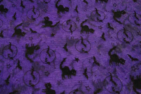 Rainbow Fabrics EO: Black Cat Purple Flocking Organza Black Fabric