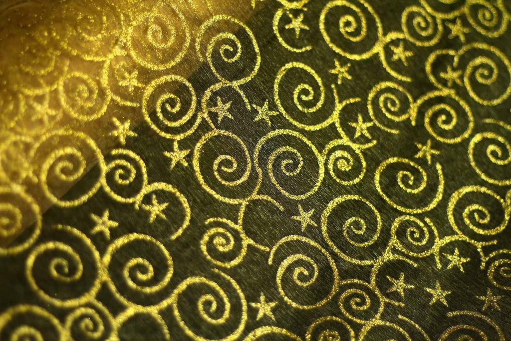 Rainbow Fabrics EO: Golden Spirals Organza Yellow Fabric