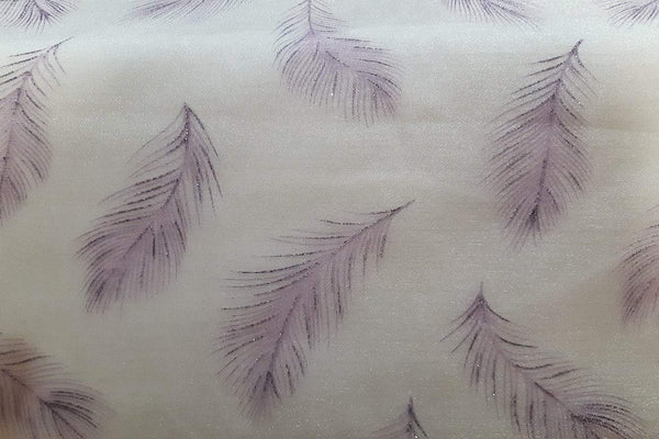 Rainbow Fabrics EO: Purple Feather on White Organza White Fabric