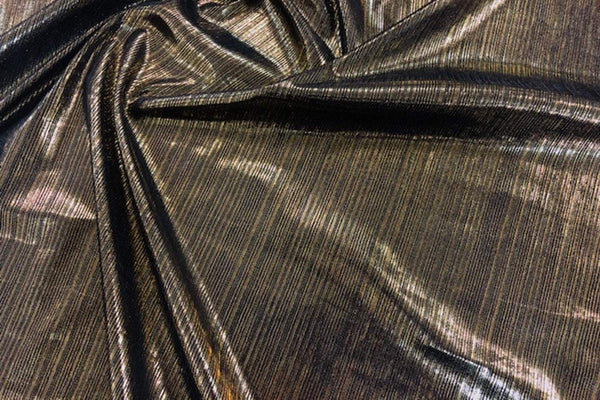 Rianbow Fabrics LF: Liquid Foil Spandex - Black and Dark Yellow Thin Stripes Price per Meter