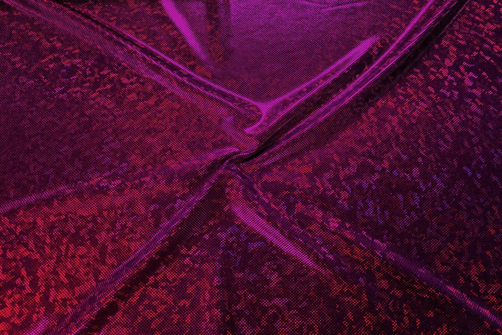 Rianbow Fabrics LF: Liquid Foil Spandex - Hollogram Specs On Rich Pink With Red And Purple Reflection