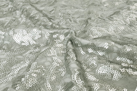 Light Grey Flower Pattern Round Sequin On Light Grey Soft Netting