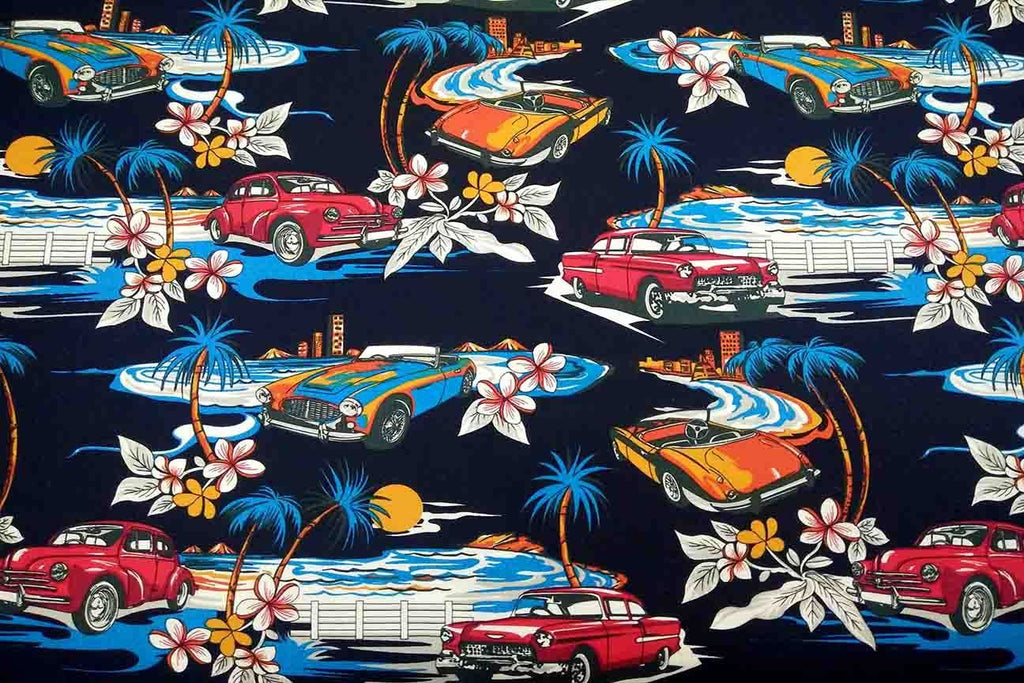 Rainbow Fabrics NP: Navy Dream Cars Patchwork Fabric Multi Coloured Craft Fabric