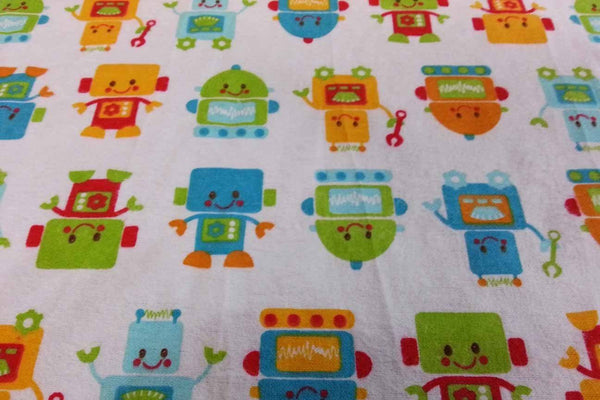 Rainbow Fabrics OF: Friendly Robots Organic Flannelette