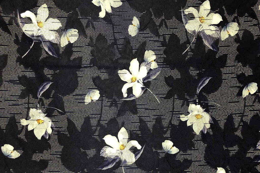 Rainbow Fabrics PB: Frangipani on Navy Polyester Brocade
