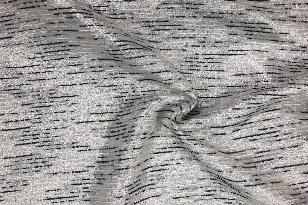 Rainbow Fabrics PB: White and Grey Stripes On Silver Metallic Polyester Brocade