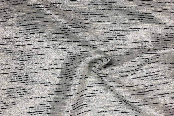 Rainbow Fabrics PB:  White and Grey Stripes On Silver Metallic Polyester Brocade