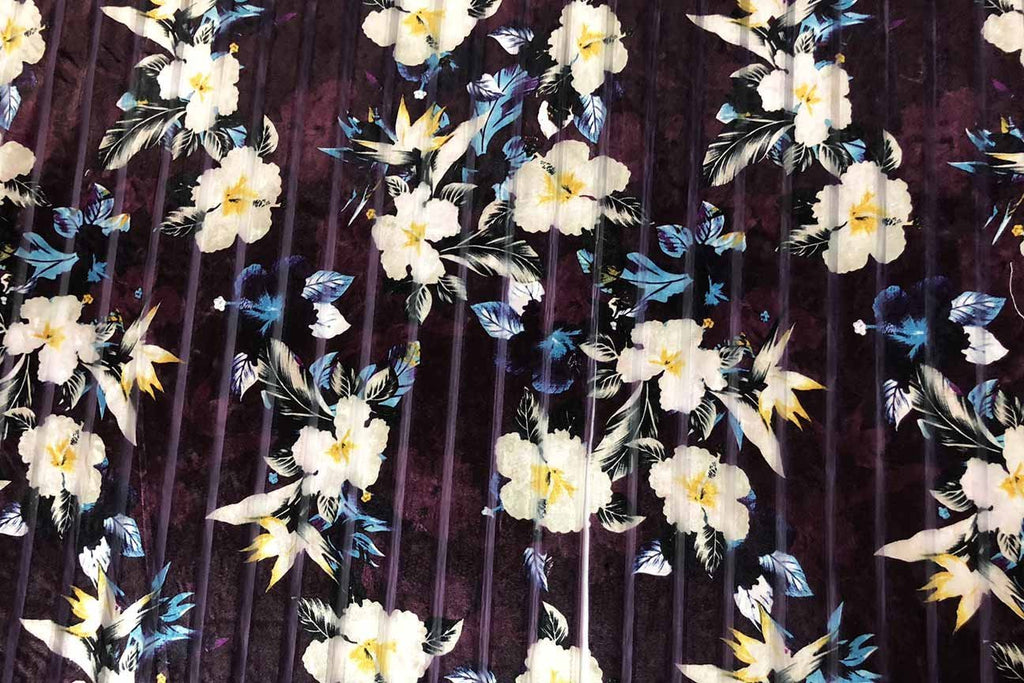 Rainbow Fabrics PV: Frangipani on Dark Purple Deluxe Stretch Printed Velvet
