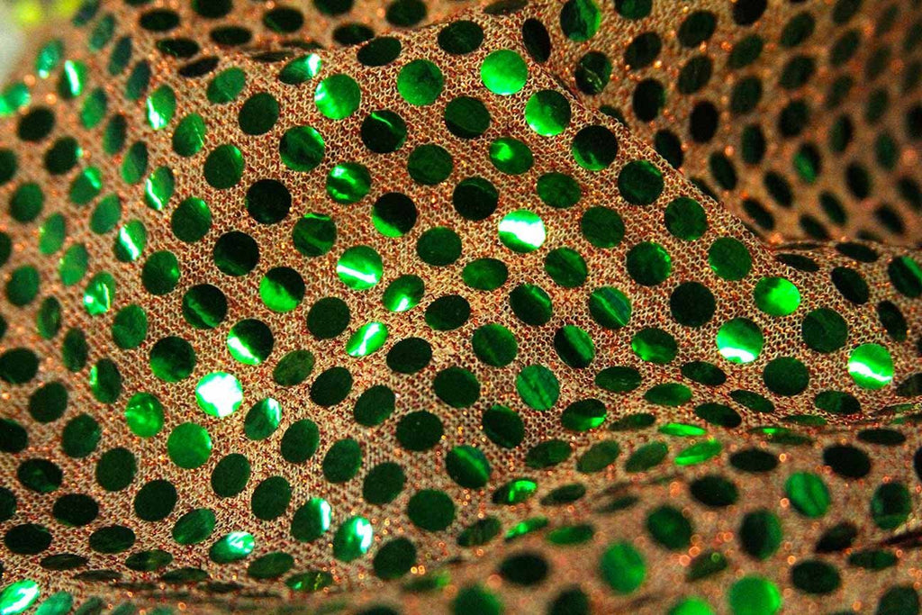 Rainbow Fabrics RS: Green Sequin on Orange Orange Fabric