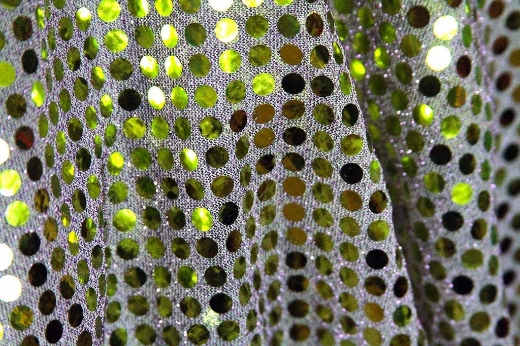 Rainbow Fabrics RS: Green Sequin on Purple Purple Fabric