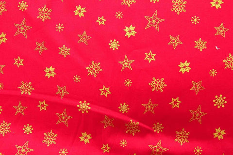 S1: Gold Winter Stars on Red Patchwork / Craft Fabric SOLD OUT