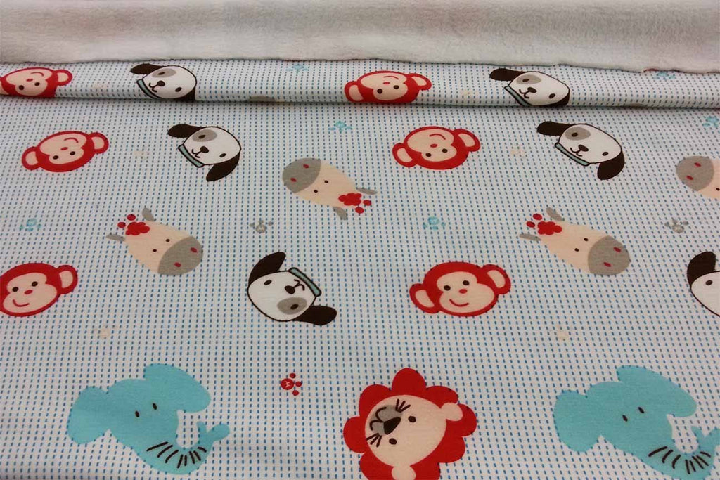 Rainbow Fabrics SPF: Baby Animal Printed Sapphire Plush Fleece