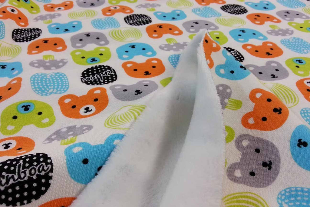Rainbow Fabrics SPF: Colourful Anboa Bear Face Printed Sapphire Plush Fleece