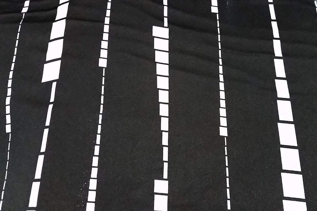 Rainbow Fabrics SS#1: White Pattern #1 On Black Stretch Silk Satin Stretch Silk Satin
