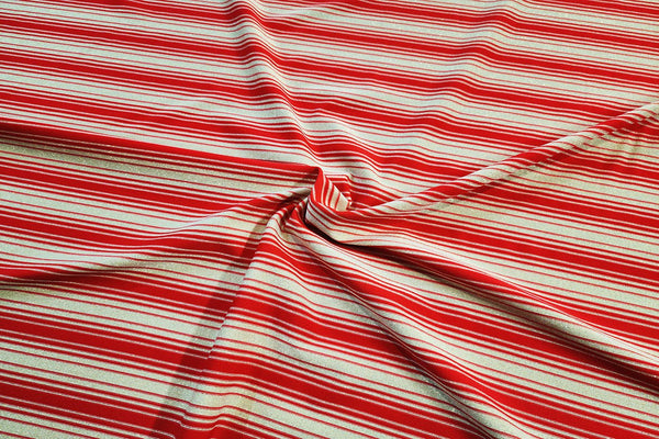 Rainbow Fabrics 1: Red And Beige Stripe Gold Metallic Jersey Jersey