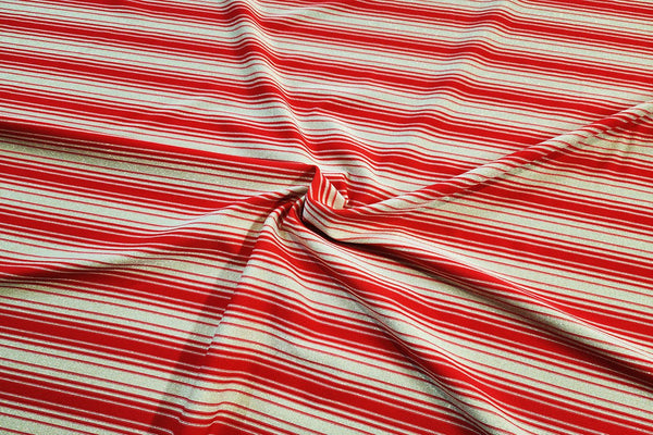 Rainbow Fabrics 1: Red And Beige Stripe Gold Metallic Jersey Jersey