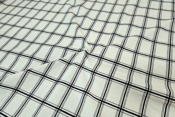 Rainbow Fabrics Black Check Stripes On Off White Stretch Cotton