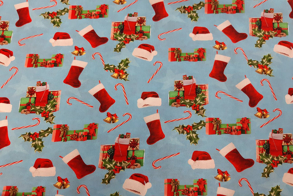 Rainbow Fabrics Christmas in Oz Christmas New Year on Blue Patchwork / Craft Fabric Blue Craft Fabric