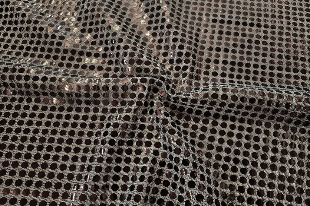 Rainbow Fabrics RS: Chocolate Brown Sequin on Light Grey Black Fabric