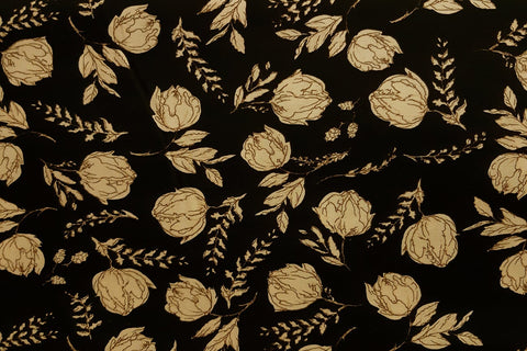 Beige Flowers On Pure Black Patchwork / Craft Fabric