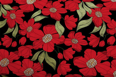 Crimson Flowers With Green Leaves On Pure Black Patchwork / Craft Fabric