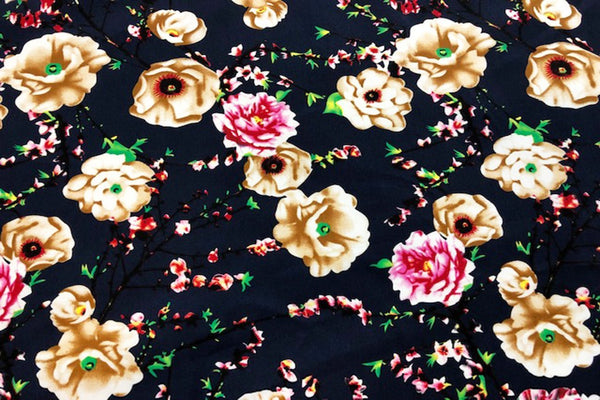 Rainbow Fabrics CS: Carnation on Navy Cotton Sateen Price per meter