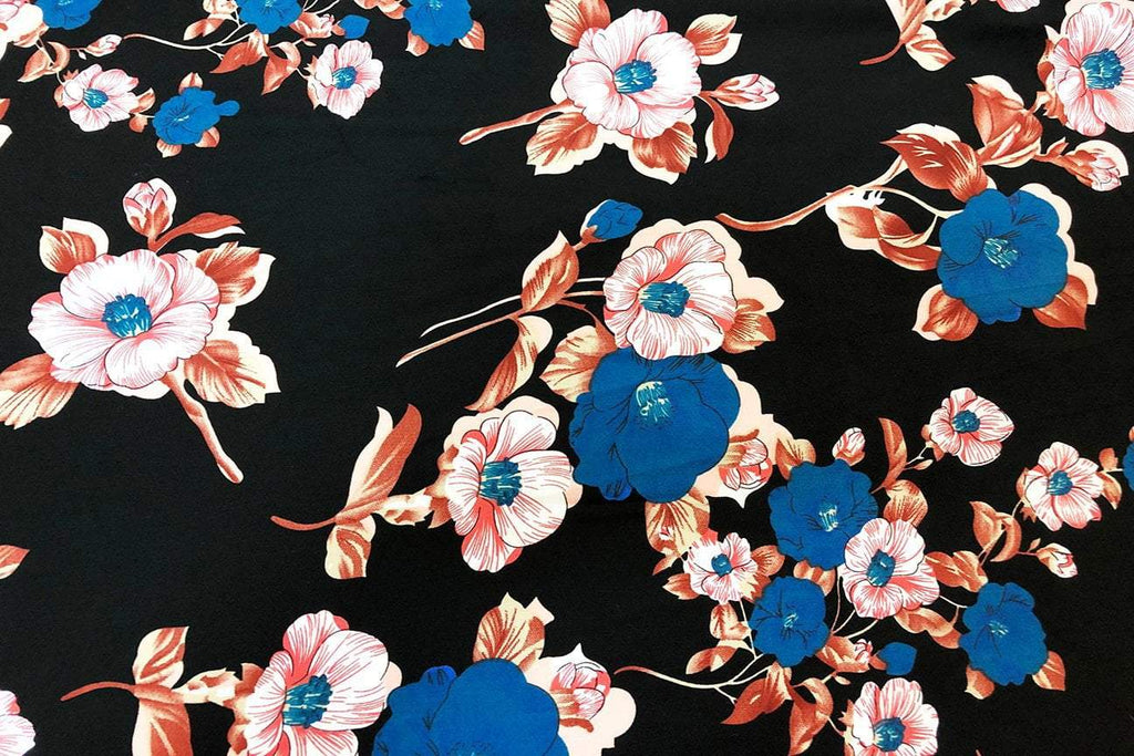 Rainbow Fabrics CS: Maroon and Blue Hibiscus on Black Cotton Sateen Price per meter