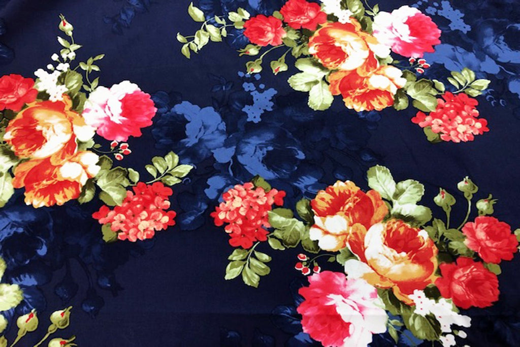 Rainbow Fabrics CS: Red Blossomed Tulips on Blue Cotton Sateen Price per meter