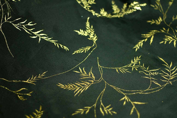 Rainbow Fabrics EO: Leaves Golden on Black Organza Black Fabric