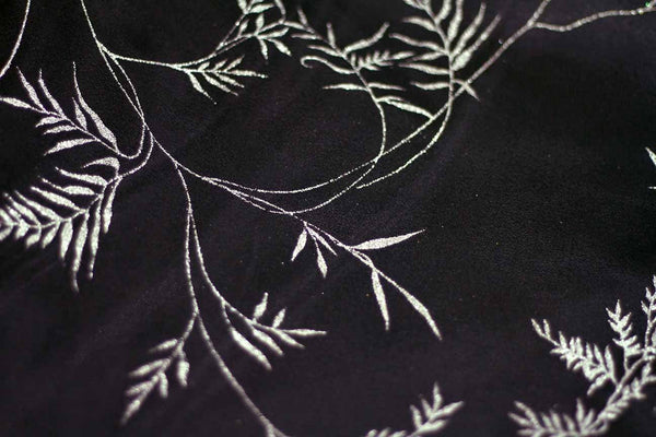 Rainbow Fabrics EO: Leaves Silver on Black Organza Black Fabric