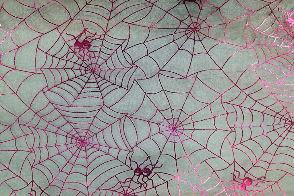 Rainbow Fabrics EO: Pink Spider Webs Organza Black Fabric