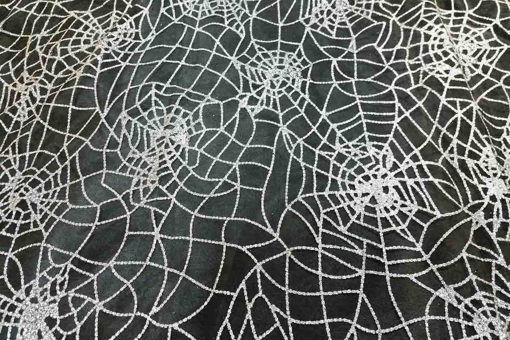 Spider Webs Flocking Black Organza | Rainbow Fabrics Sydney