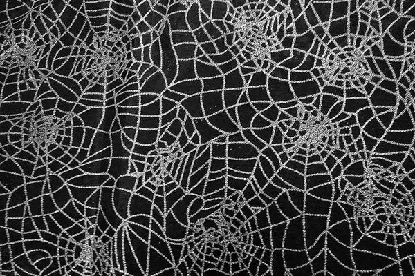 Rainbow Fabrics EO: Silver Glitter Spider Webs Flocking Organza Black Fabric