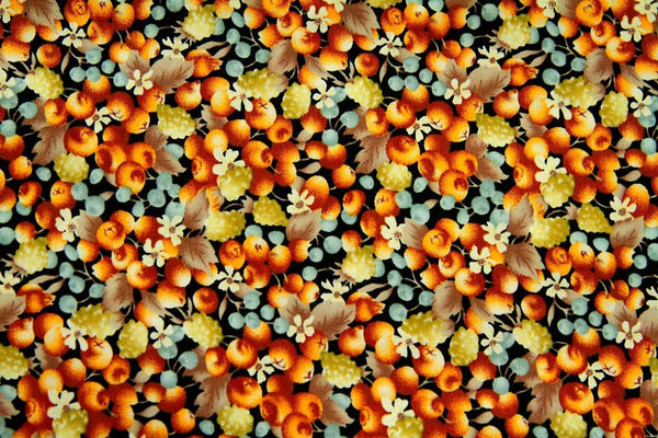 Rainbow Fabrics FB: Yellow Berry Cascade on Black Black Craft Fabric