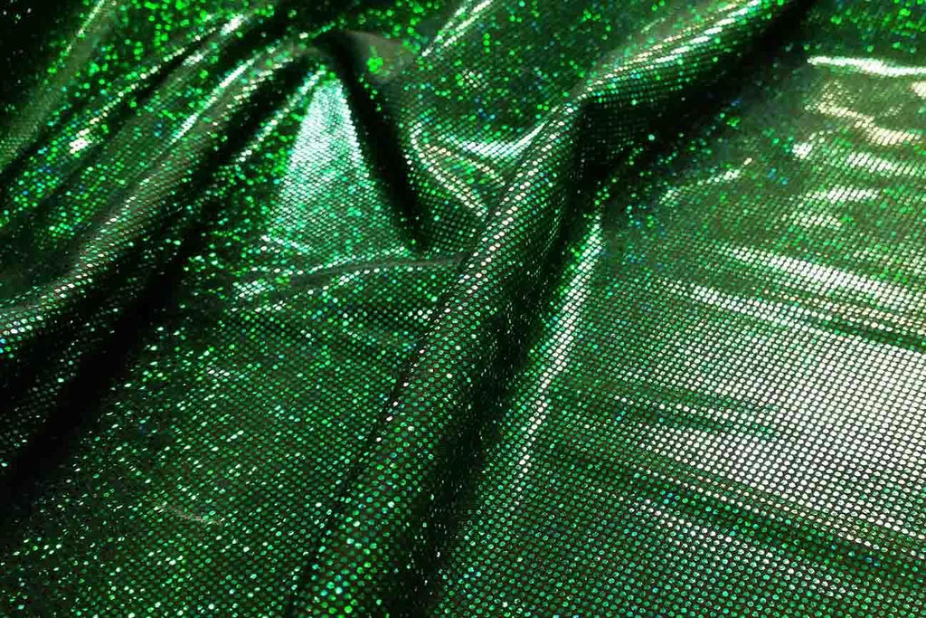 Rianbow Fabrics LF: Liquid Foil Spandex - Green Confetti Specs on Dark Green - 14