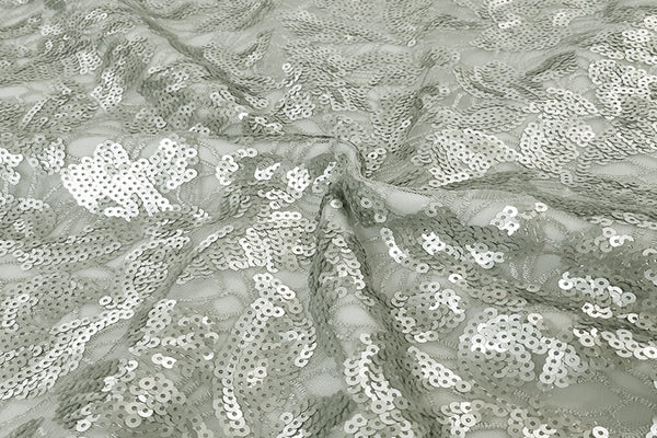 Rainbow Fabrics Light Grey Flower Pattern Sequin On Light Grey Soft Netting