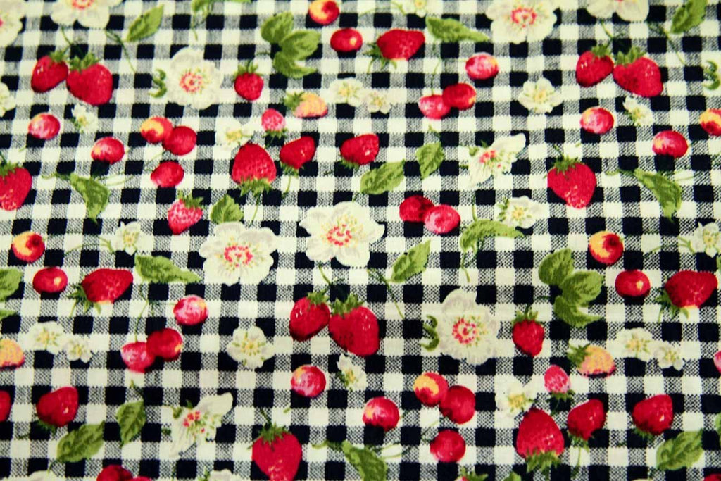 Rainbow Fabrics Multi- Berry Flowers Black and white Check Multi Coloured Craft Fabric