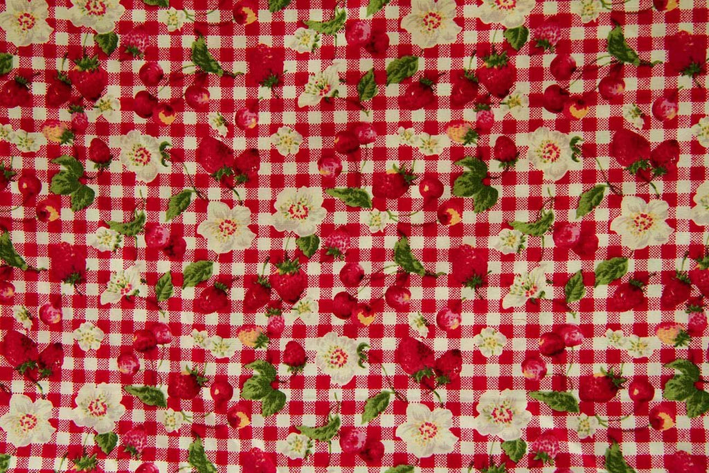 Rainbow Fabrics Multi-Berry Flowers Red White Check Multi Coloured Craft Fabric