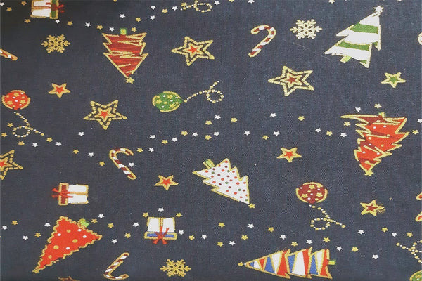 Rainbow Fabrics Multi Christmas Ornaments On Navy Patchwork / Craft Fabric Blue Craft Fabric