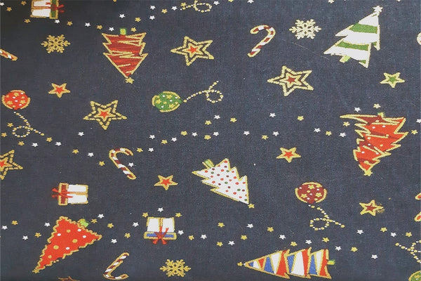 Rainbow Fabrics Multi Christmas Ornaments On Navy Patchwork / Craft Fabric Blue Craft Fabric