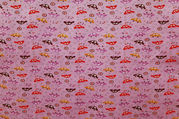 Rainbow Fabrics Multi Color Cars On Pink Printed Cotton