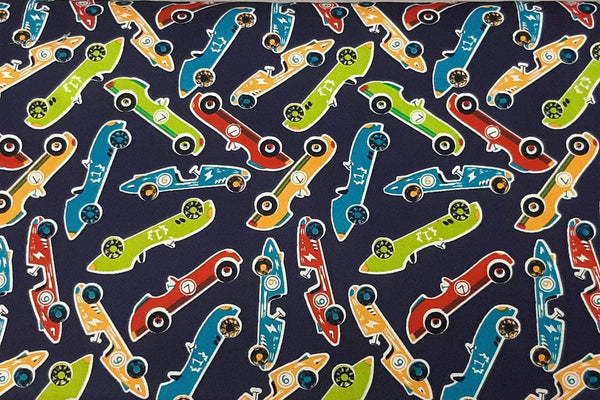 Rainbow Fabrics Multi Colored Cars On Dark Navy Patchwork / Craft Fabric Blue Craft Fabric
