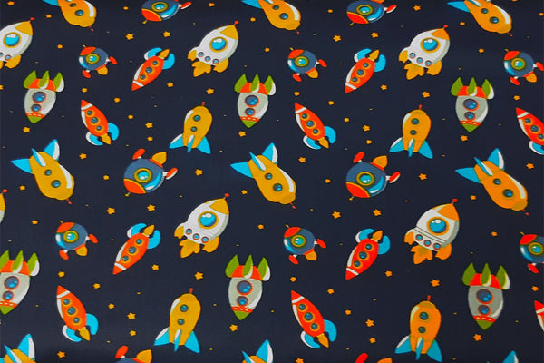 Rainbow Fabrics Multi Colored Spaceships On Dark Navy Patchwork / Craft Fabric Blue Craft Fabric
