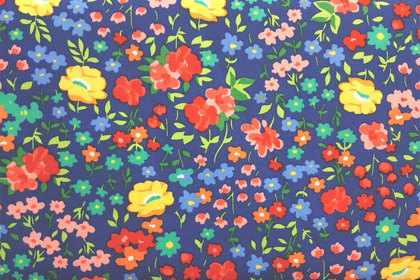 Rainbow Fabrics Multi Colour Flowers On Sapphire Blue Patchwork / Craft Fabric Blue Craft Fabric