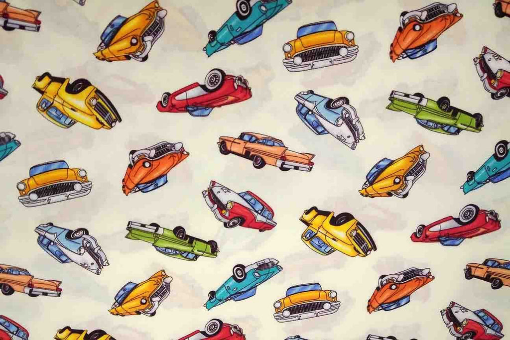 Rainbow Fabrics NP: Ivory Cars Patchwork Fabric Multi Coloured Craft Fabric