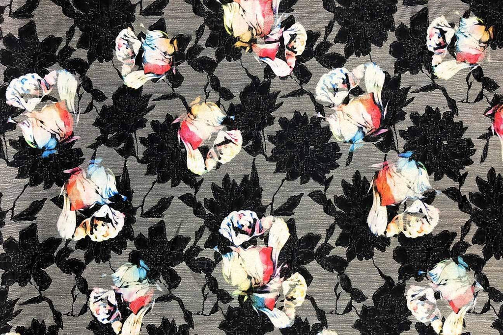 Rainbow Fabrics PB:  Colorful Roses On Black Polyester Brocade