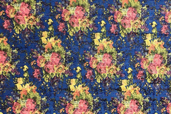 Rainbow Fabrics PB: Floral Bunch on Blue Polyester Brocade